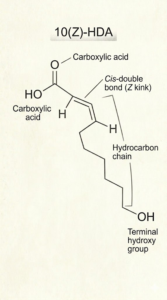 Molecular structure of 10(Z)-hexadecenoic acid: a sixteen-carbon fatty acid with a carboxylic acid group at one end, a cis-double bond producing a Z kink mid-chain, an extended hydrocarbon chain, and a terminal hydroxy group.