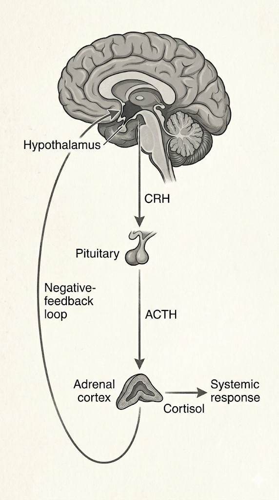 Hormonal model of stress: brain hypothalamus releases CRH to the pituitary, which releases ACTH to the adrenal cortex, producing cortisol that drives the systemic stress response, with negative feedback to the hypothalamus.