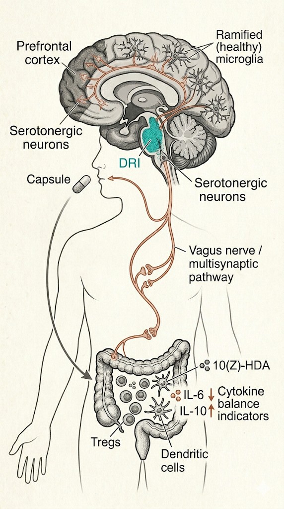 Immune model: oral capsule reaches the gut, where Mycolicibacterium vaccae engages T-regulatory cells and dendritic cells. Cytokine balance shifts toward IL-10 over IL-6. The vagus and multisynaptic pathway carries the signal upward to the brainstem, activating serotonergic neurons in the dorsal raphe nucleus that project to the prefrontal cortex, while microglia are preserved in their healthy ramified state.