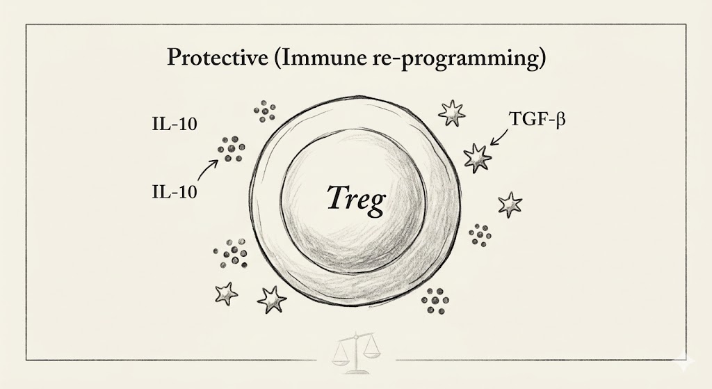 A T-regulatory cell surrounded by IL-10 and TGF-β cytokine molecules, illustrating the immune re-programming mechanism.