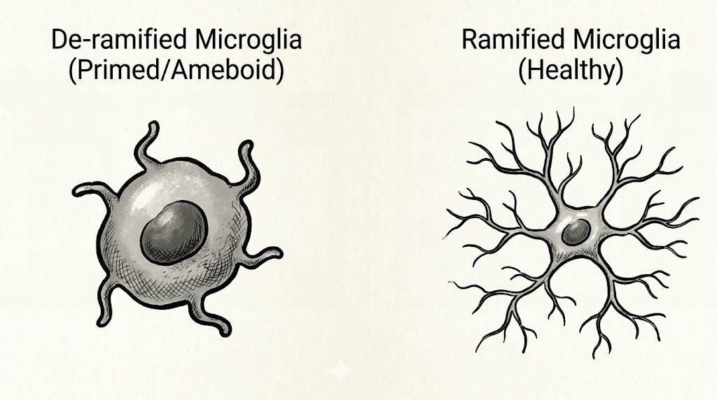 Side-by-side comparison of ramified (healthy, branched) and de-ramified (primed, ameboid) microglial cells.