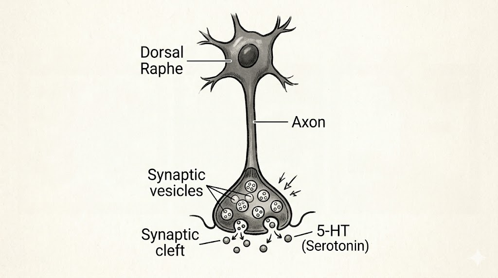 A serotonergic neuron in the dorsal raphe with a synaptic terminal releasing 5-HT (serotonin) into the synaptic cleft.