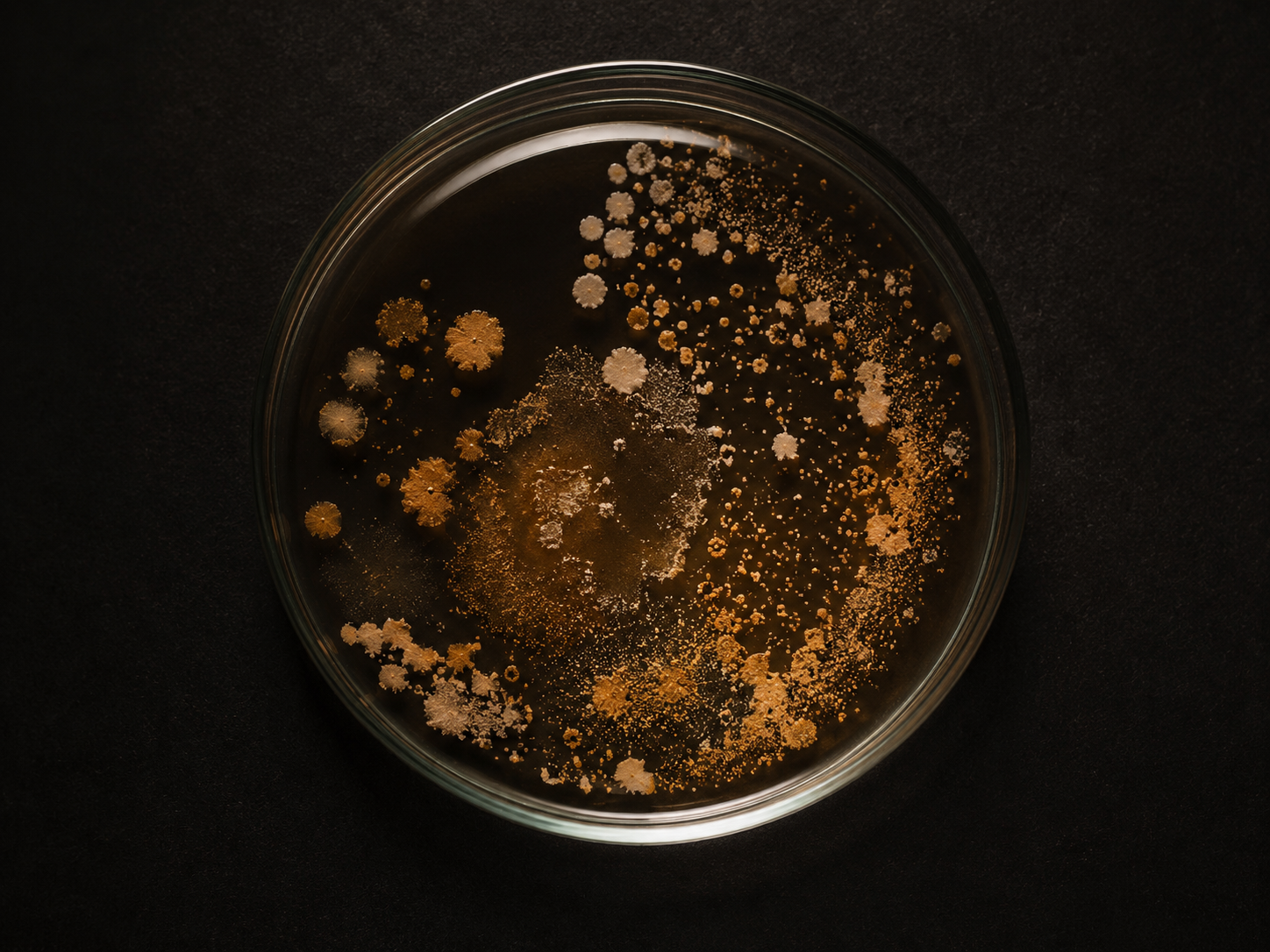 Top-down photograph of a petri dish containing mixed environmental microbial colonies — varied morphologies in amber and terracotta tones against a dark agar — set on a charcoal background.