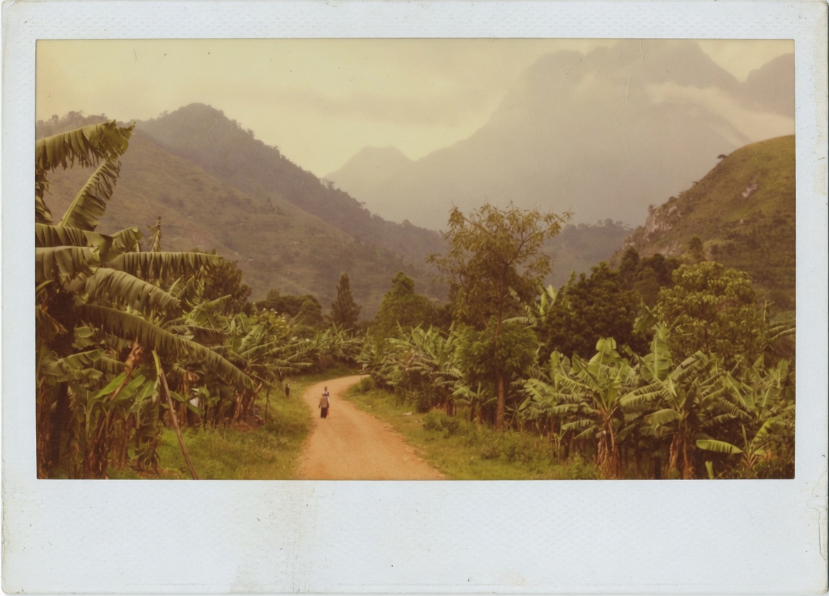 A red-dirt road winds through banana groves toward misty mountains in rural Uganda. A figure walks alone down the road. The photograph carries the soft color cast and white Polaroid-style border of a 1970s film print.